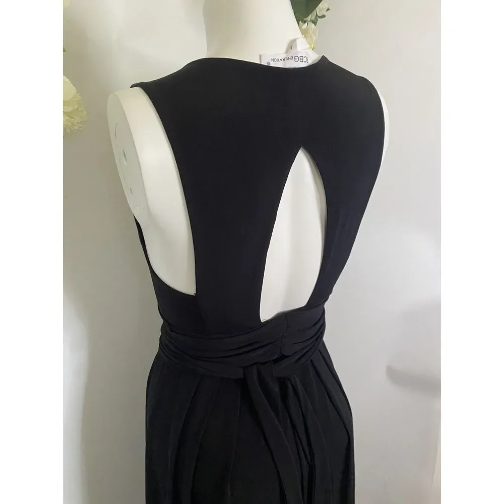 BCBGeneration V Neck Belted Black Maxi‎ Dress XS Front Slit Open Back 58